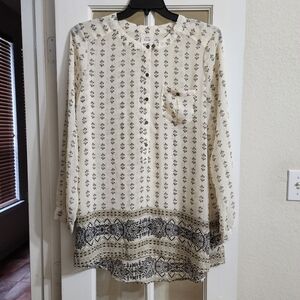 Knox Rose Boho Peasant Blouse XL Cream Border Print Tunic Top